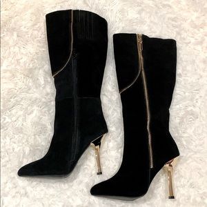 Black Suede Boots With Gold Heel and Detailing